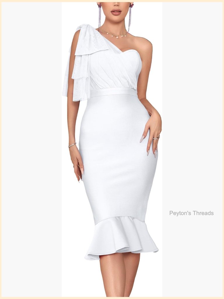 Women's One Shoulder Fishtail Mesh Midi Bandage Bodycon Party Dress